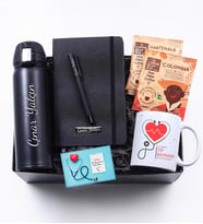 Tıp Bayramına Özel Baskılı Kupa & Kişiye Özel Siyah Kilitli Termos & Siyah Defter & Siyah Roller Kalem & 2'li Coffee Bean Box Hediye Seti