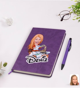 BK Gift Kişiye Özel Kadın Patron Karikatürlü Mor Termo Deri Defter Kalem Seti Model 6