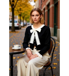 Kadın Moda Şık Crop Bisiklet Yaka Slim Crop Garnili Kurdele Fiyonk Detaylı Triko Hırka