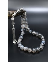 Doğal Damarlı Akik Taşlı Tesbih 925 Ayar Gümüş Püsküllü 10mm Küre Kesim 902564