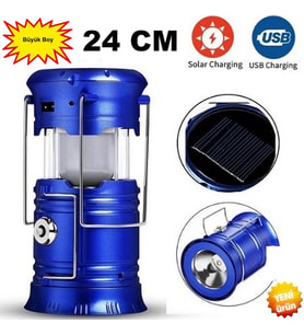 Büyük Boy Kamp Lambası Güneş Enerjili Kamp Çadır Feneri Led Solar Şarjlı Usb Girişli Lamba 24 Cm Boy