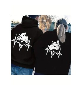 Sevgili Kombini Oversize Hoodie – Motosiklet Kalp Ritmi Baskılı 3 İplik Unisex Sweatshirt 2'li (Siyah)