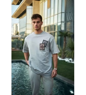 pilelistore- Unisex Bisiklet Yaka Baskılı Oversize T-Shirt - Boyalı Gri