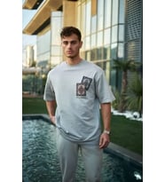 pilelistore- Unisex Bisiklet Yaka Baskılı Oversize T-Shirt - Boyalı Gri