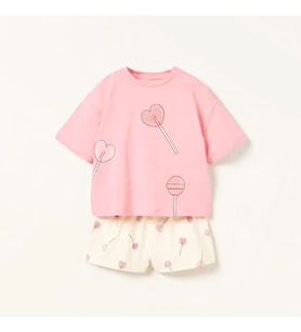 Lolipop Desenli Kız Çocuk Şortlu Alt-Üst Takım (Pembe-Ekru)