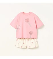 Lolipop Desenli Kız Çocuk Şortlu Alt-Üst Takım (Pembe-Ekru)