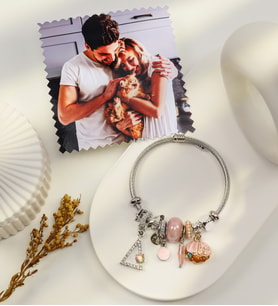 Kişiye Özel Fotoğraf & Gümüş Renk Charm Çelik Bileklik Hediye Seti