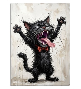 Çığlık Atan Siyah Kedi Komik Portre Dekoratif Kanvas - Mdf Ahşap Tablo