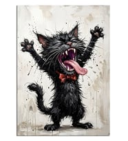 Çığlık Atan Siyah Kedi Komik Portre Dekoratif Kanvas - Mdf Ahşap Tablo