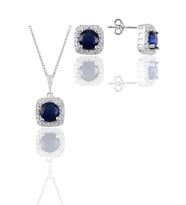 Söğütlü Silver Gümüş beyaz altın rodyumlu safir taşlı kare ikili set