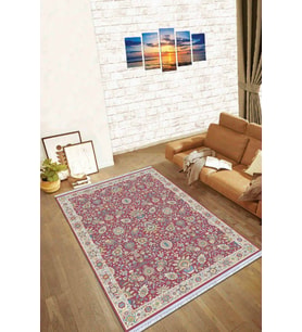 Fuşya Çerçeveli Dokuma Pamuk Taban Kaymaz Kilim KLM317