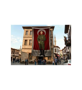 Elinde Bastonu İle Üniformalı Mustafa Kemal Atatürk Poster Bayrak Premium Raşel Kumaş ATA62
