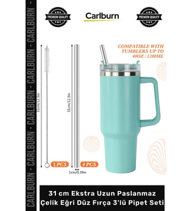#PipetSeti Termos Bardak Ekolojik 31 cm Ekstra Uzun Paslanmaz Çelik Eğri Düz Fırça 3'lü Pipet Seti