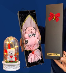Size Özel İsimli Kutuda Pembe Peluş Ayıcık ve Led Işıklı Biblolu Fanus (Model 7)