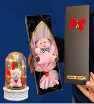 Size Özel İsimli Kutuda Pembe Peluş Ayıcık ve Led Işıklı Biblolu Fanus (Model 7)