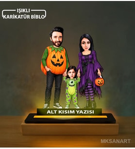 Kişiye Özel 3 Kişilik Başsız Bal Kabağı Karikatürlü 14 cm MDF Işıklı Biblo - Aile Hediyesi Anne Baba ve Aileye Hediye