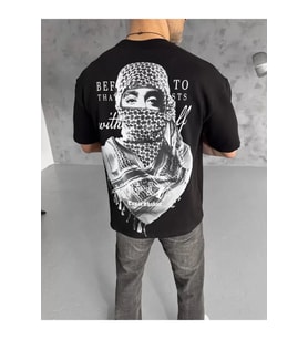 Unisex Baskılı Oversize T-Shirt - Siyah