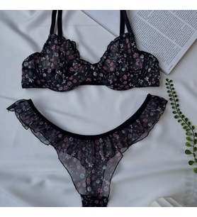 Siyah Çiçek Detaylı Balenli Bralet Sütyen Set (Çiçek Desen Siyah)