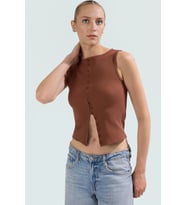 Düğmeli Fitted Vücuda Oturan Örme Bluz Regular Boy Özenle Seçilmiş Uzun Ömürlü Yüksek Kalite (Kahverengi)