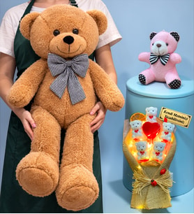 Kişiye Özel Peluş Ayıcık Seti Led Işıklı Buketli ve Kahve Büyük Peluş Ayıcıklı (Model 3)