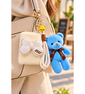 Peluş Fiyonk Detaylı Cep Aynası Anahtarlık Ve Peluş Ayıcık Set – Kawaii Çanta Charmı Makyaj Aynası-B