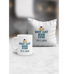 Kişiye Özel Best Cat Mom Ever Kupa ve Yastık Hediye Seti En İyi Kedi Annesi (Beyaz)