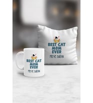 Kişiye Özel Best Cat Mom Ever Kupa ve Yastık Hediye Seti En İyi Kedi Annesi (Beyaz)