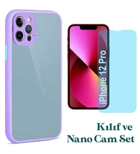 Apple iPhone 12 Pro Uyumlu Montreal Kılıf Ve Nano Cam Ekran Koruyucu Set (Lila)