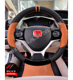 Honda Civic FB7 Dikme Direksiyon Kılıfı Delikli Deri Parlak Siyah Taba Detay Çift Yüzük ve Dikiş 2012-2016