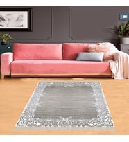 Nakış Desen Çerçeveli Dijital Baskı Yıkanabilir Kaymaz Taban Modern Salon Halısı ve Yolluk (Gri)