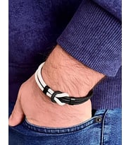 Çift Renkli El Yapımı Taraftar Bilekliği Makrome-%100 Deri Kombin Unisex Bileklik Net 21 cm (Beyaz-Siyah)