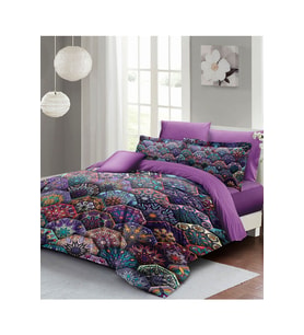 Çift Kişilik ( Lastikli Çarşaflı ) %100 Pamuk Saten Nevresim Takımı Ethnic Purple