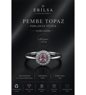 Sertifikalı Pembe Topaz Taşlı 925 Ayar Gümüş Pırlanta Yüzük Daire Kesim