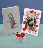 BK Gift Sevgililere Özel Beyaz Defter Dekoratif Çerçeve ve Kalp Taş Obje Kokulu Mum Hediye Seti-10, Sevgiliye Hediye, Sevgililer Günü