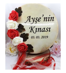 32 Cm Çiçek Süslemeli Kurdelalı Deri Tef İsim Baskılı-