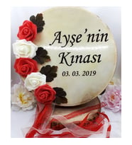 32 Cm Çiçek Süslemeli Kurdelalı Deri Tef İsim Baskılı-