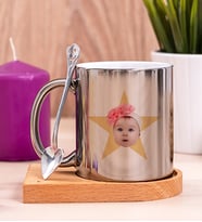 Kişiye Özel Pembe Yıldız Kafa Fotoğraflı Ahşap Altlıklı Silver Kupa Bardak
