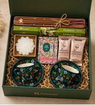 Kütahya El Yapımı 2 Kişilik Çini Kahve Fincanı & Tütsü Seti & Lotus Mum & Kahve & Kokulu Mendil (Koyu Yeşil)
