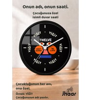 İsme Özel Yazılı Grafik Yüz Çocuk Odası Duvar Saati Orta Boy 30 cm Siyah Camlı Sessiz