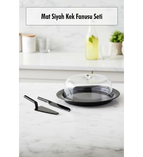 Akrilik Mat Siyah Kek Fanusu ve Servis Seti - 33 x 39 x 14 cm