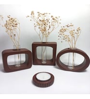 Modern Sanat Esintili, Dikdörtgen-Kare-Yuvarlak Formlu, Cam Tüplü Dekoratif 3'lü Vazo Set (Kahverengi)