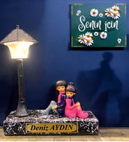 Siyah Mermer Temalı Sizlere Özel İsimli Hazırlanacak Masa Lambası, Çift Renk Işıklı Hediye Seti (Model 4)