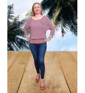 Likralı Tül Ve Taş Detaylı Bluz - Pembe Renk - M/XL Beden