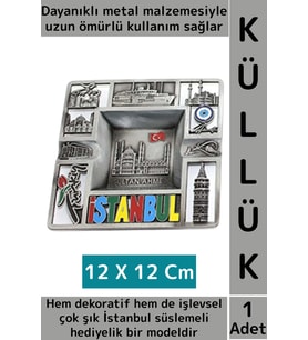 Dayanıklı Gündelik Ev İş Kullanım Dekoratif Hediyelik Şık İstanbul Süslemeli Metal Küllük 12 X 12 Cm