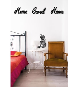 Home Sweet Home + Kedi Duvar Süsü Dekoratif Ahşap Duvar Tablosu (Siyah - Beyaz)