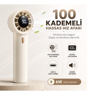 Taşınabilir El Vantilatörü, Dijital Ekranlı Mini Fan, 100 Kademeli Hız Ayarlı, USB-C Şarjlı, 6W Güçlü Motorlu, Sessiz ve Kompakt Tasarım, Seyahat ve Günlük Kullanım İçin
