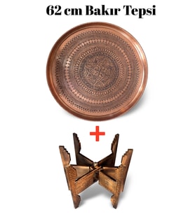 62 cm El İşlemeli Otantik Desenli Kalın Urfa Bakır Tepsi + Katlanabilir Sehpa - BAKIR-TPS498