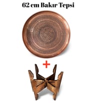 62 cm El İşlemeli Otantik Desenli Kalın Urfa Bakır Tepsi + Katlanabilir Sehpa - BAKIR-TPS498