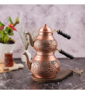 DMT COPPER Gaziantep Bakır Çaydanlık Takımı Büyük Boy AĞIR El İşlemeli TUĞRA MODELİ
