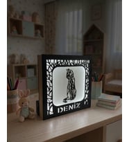 Kişiye Özel İsimli Geometrik Kedi Tasarımlı Ahşap LED Gece Lambası - 14x14 cm